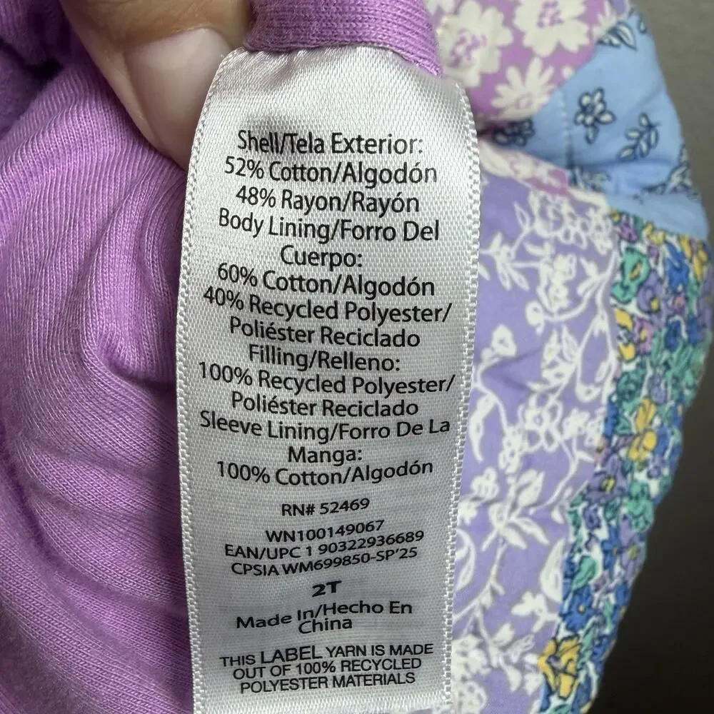 Wonder Nation Patchwork Quilted Jacket Toddler Girls 2T Colorful Floral Lined